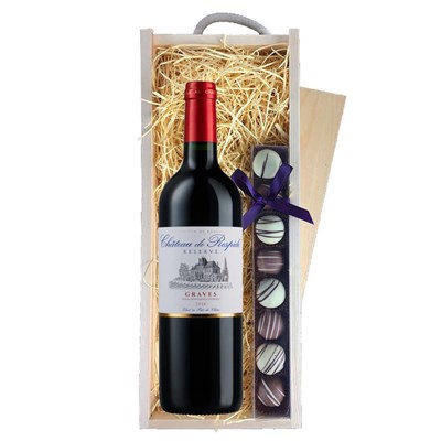 Chateau de Respide Bordeaux 75cl Red Wine & Heart Truffles, Wooden Box